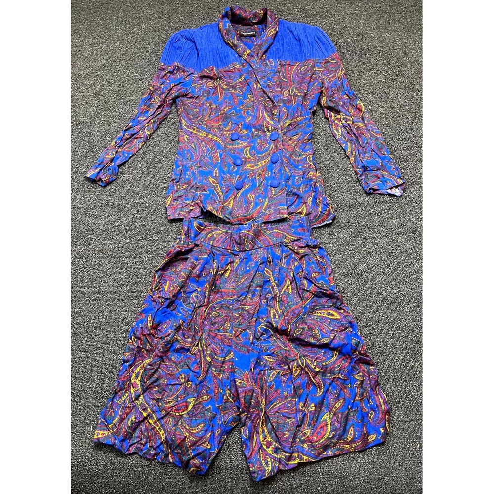 John Roberts Two Piece Set Jacket & Skirt Womens 7/8 Blue Floral Print Pull On
